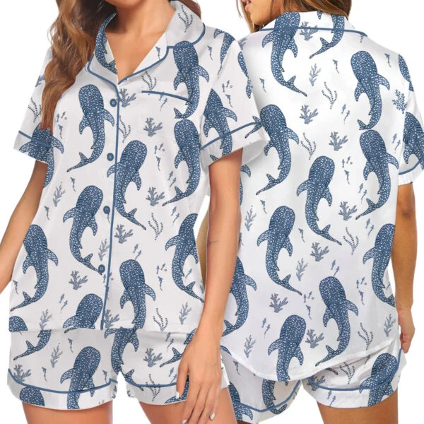 Women’s Whale Ocean Coconut Girl Jesus Beach Bachelorette Short Sleeve Satin Pajama Set