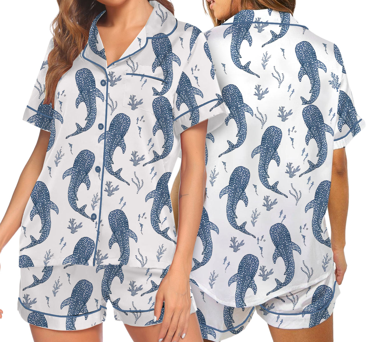 Women’s Whale Ocean Coconut Girl Jesus Beach Bachelorette Short Sleeve Satin Pajama Set