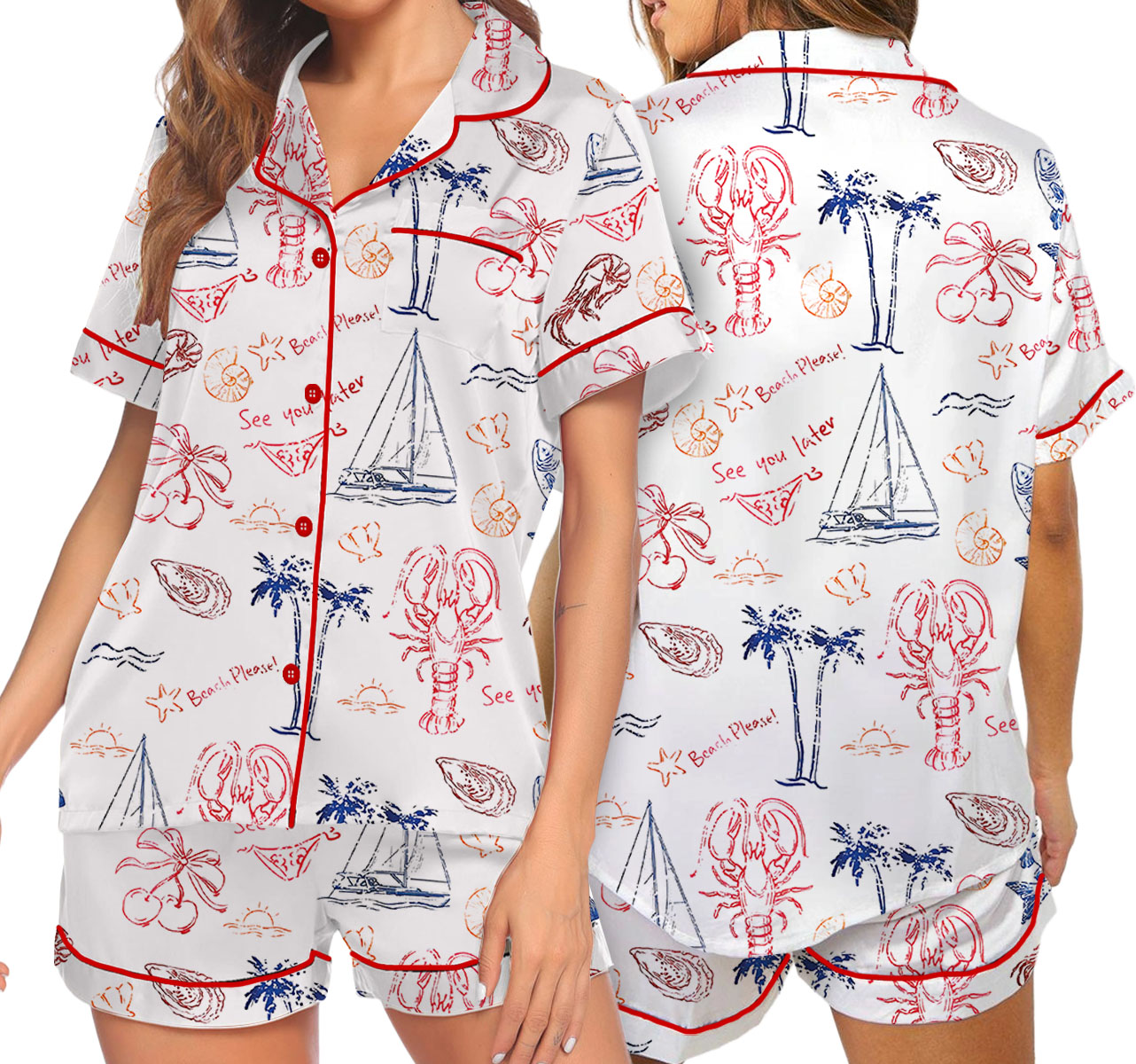 Salty But Sweet Retro Summer Coastal Beach Aesthetic Summer Cocktail Sea Food Lobster Pajama Set