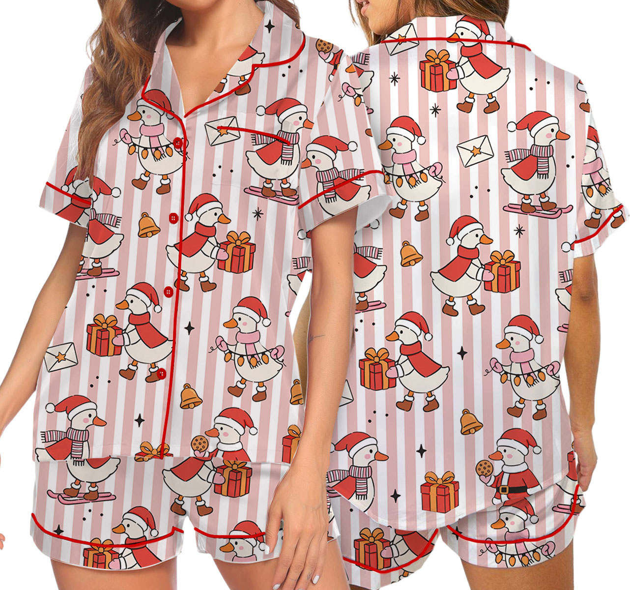 Christmas Santa Goose Satin Pajama Set For Women