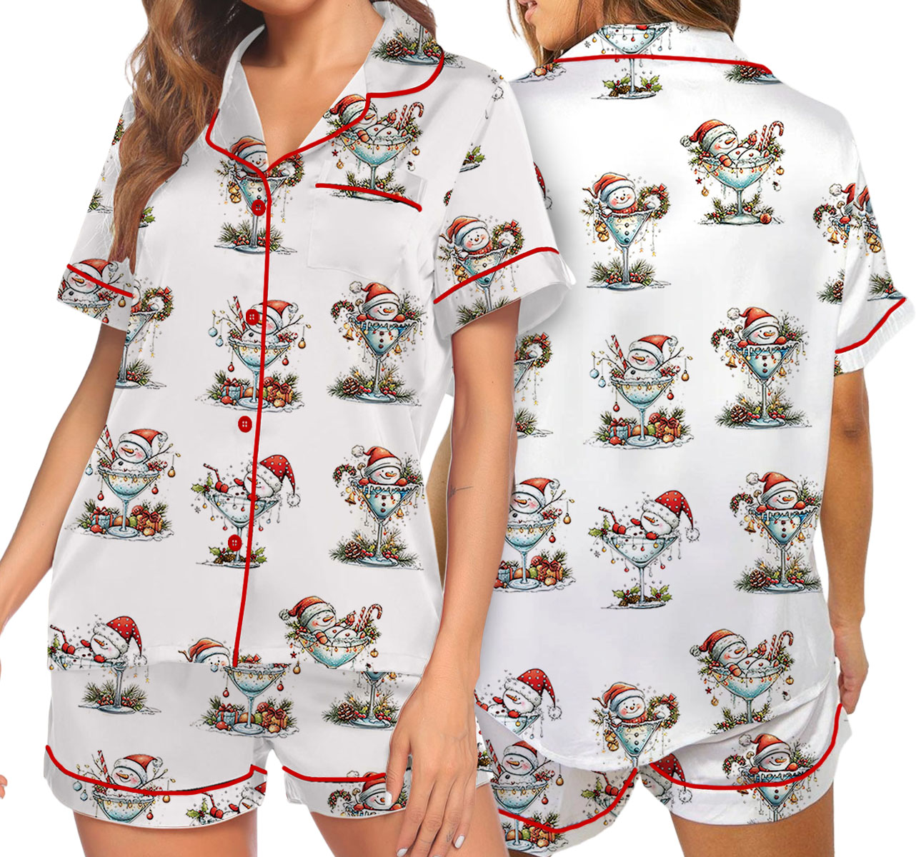 Quirky Snowman Christmas Satin Pajama Set For Women