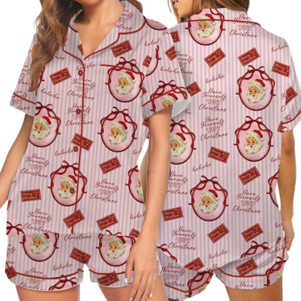 Pink Retro Santa Print Satin Pajamas Set For Women