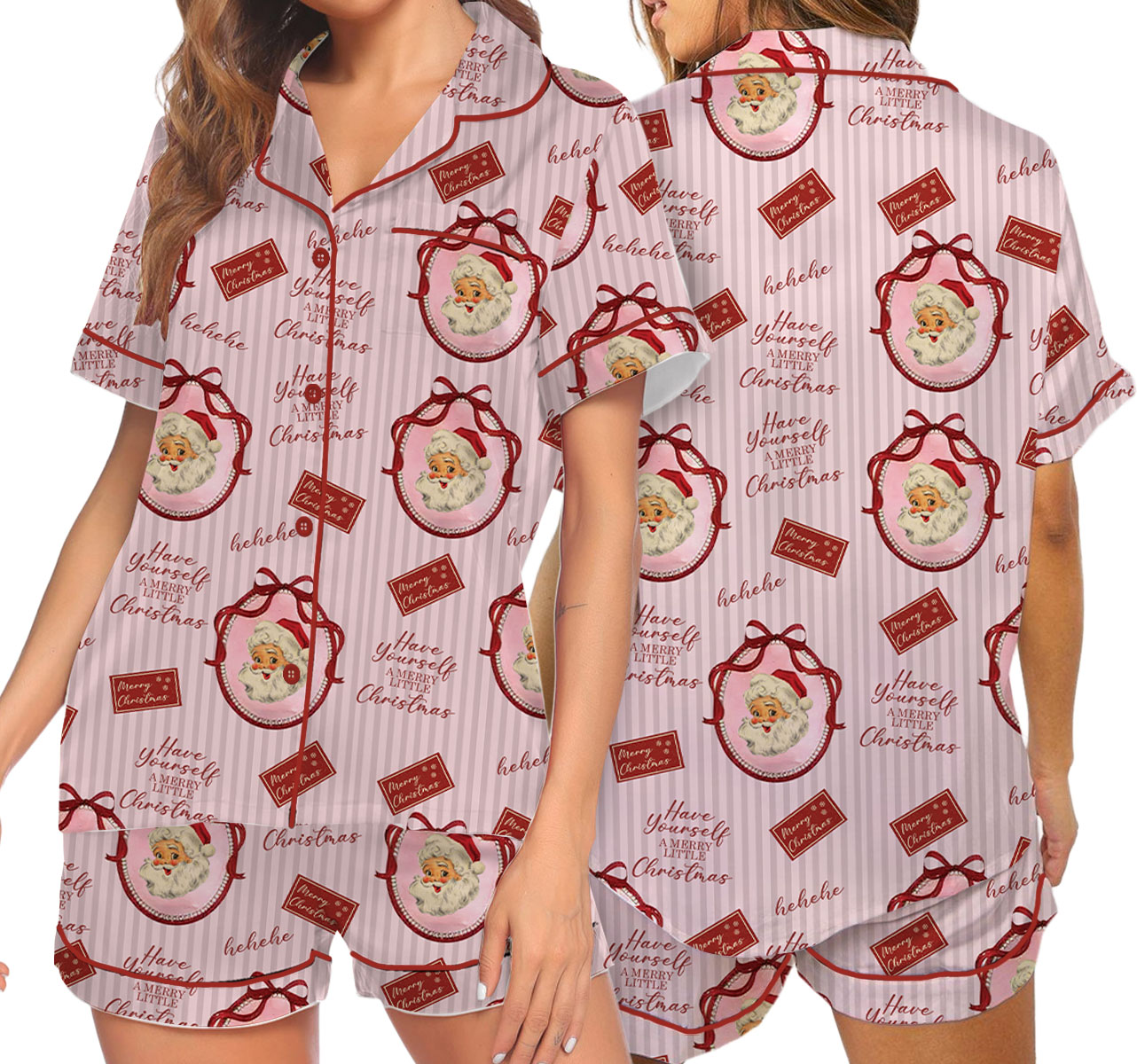 Pink Retro Santa Print Satin Pajamas Set For Women
