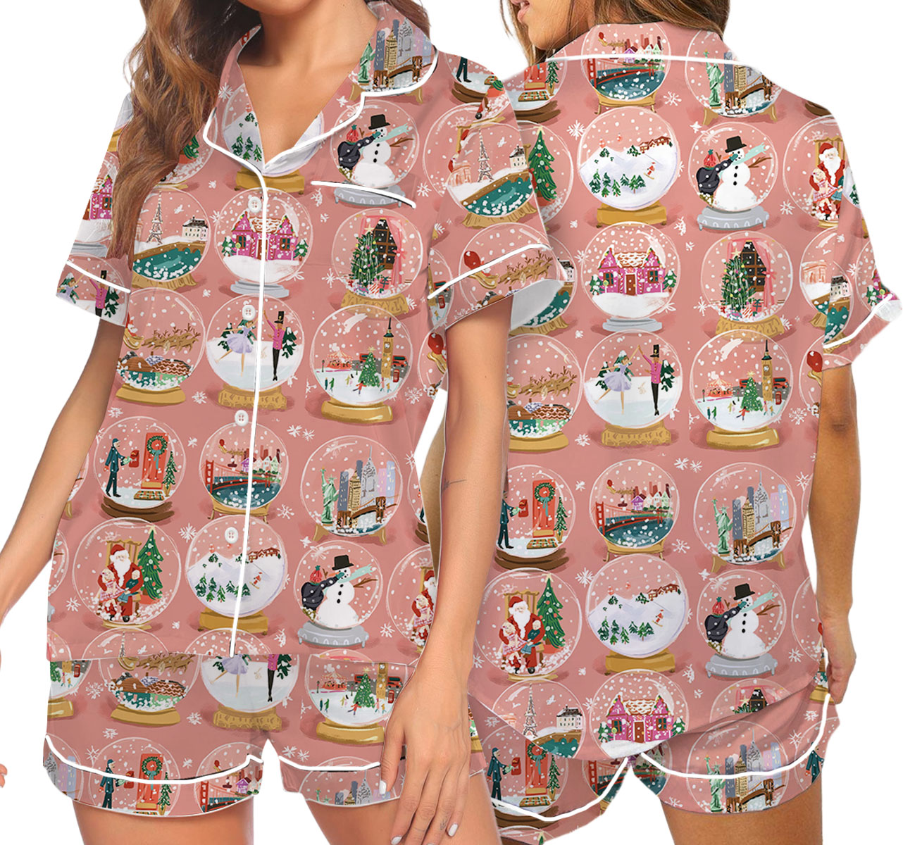 Christmas Snow Globe Satin Pajamas Set For Women