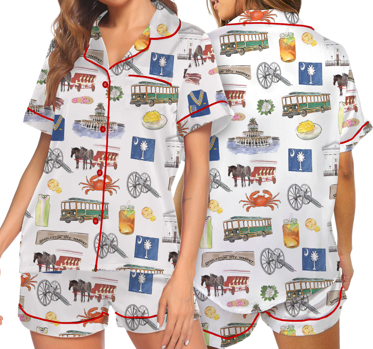 Charleston Silky Satin Pajama Set For Women, South Carolina City Pajamas