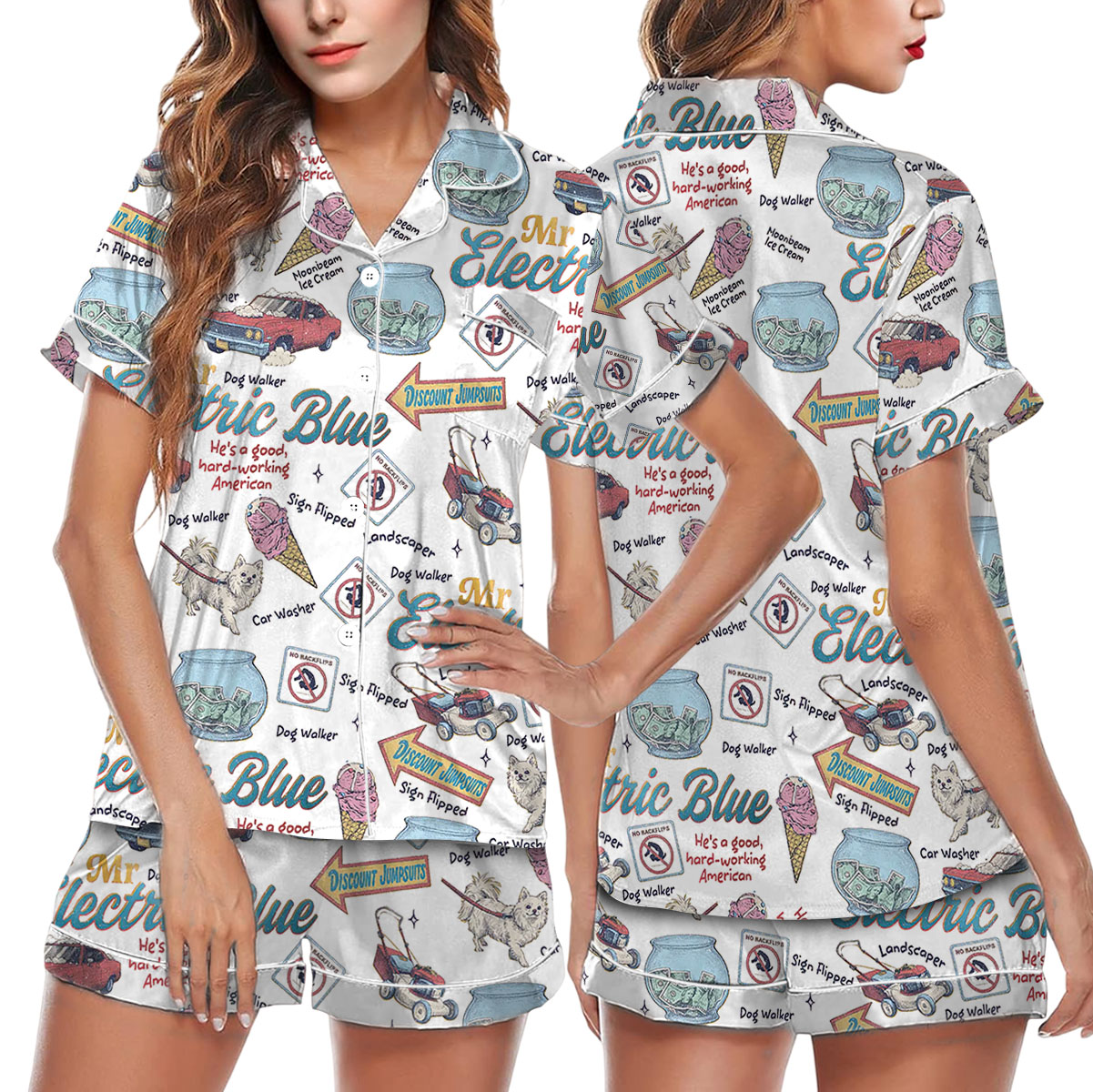 Mr Electric Blue Satin Pajamas Set For Women