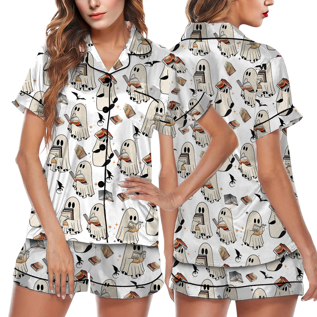 Cute Ghost Reading Book Satin Pajamas Set