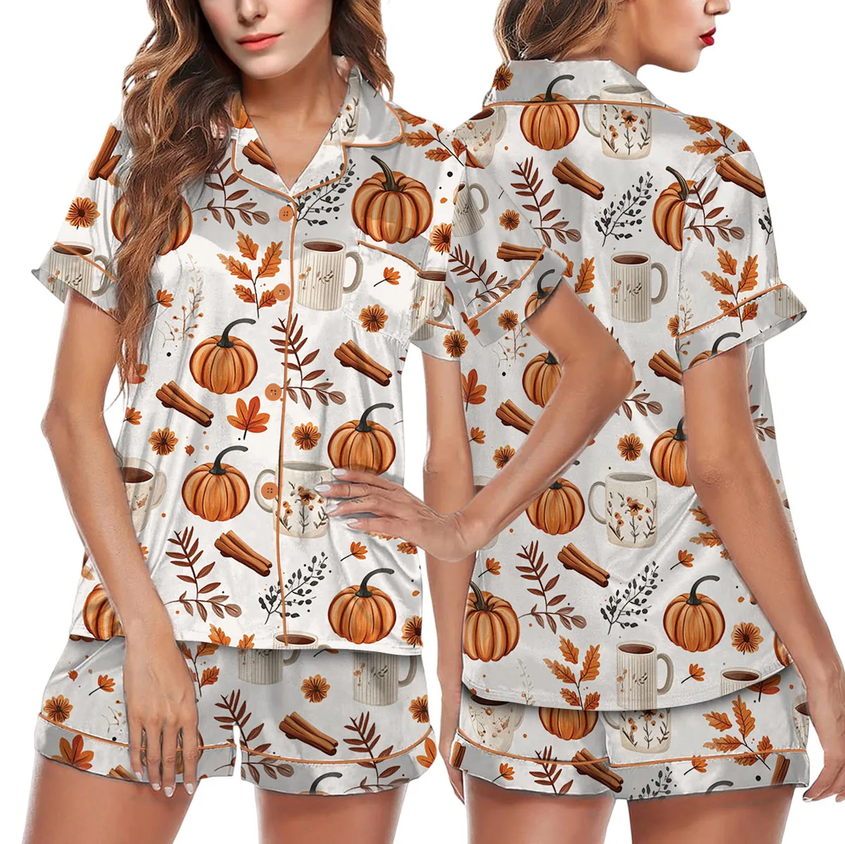 Pumpkin Spice Fall Satin Pajamas Set For Women