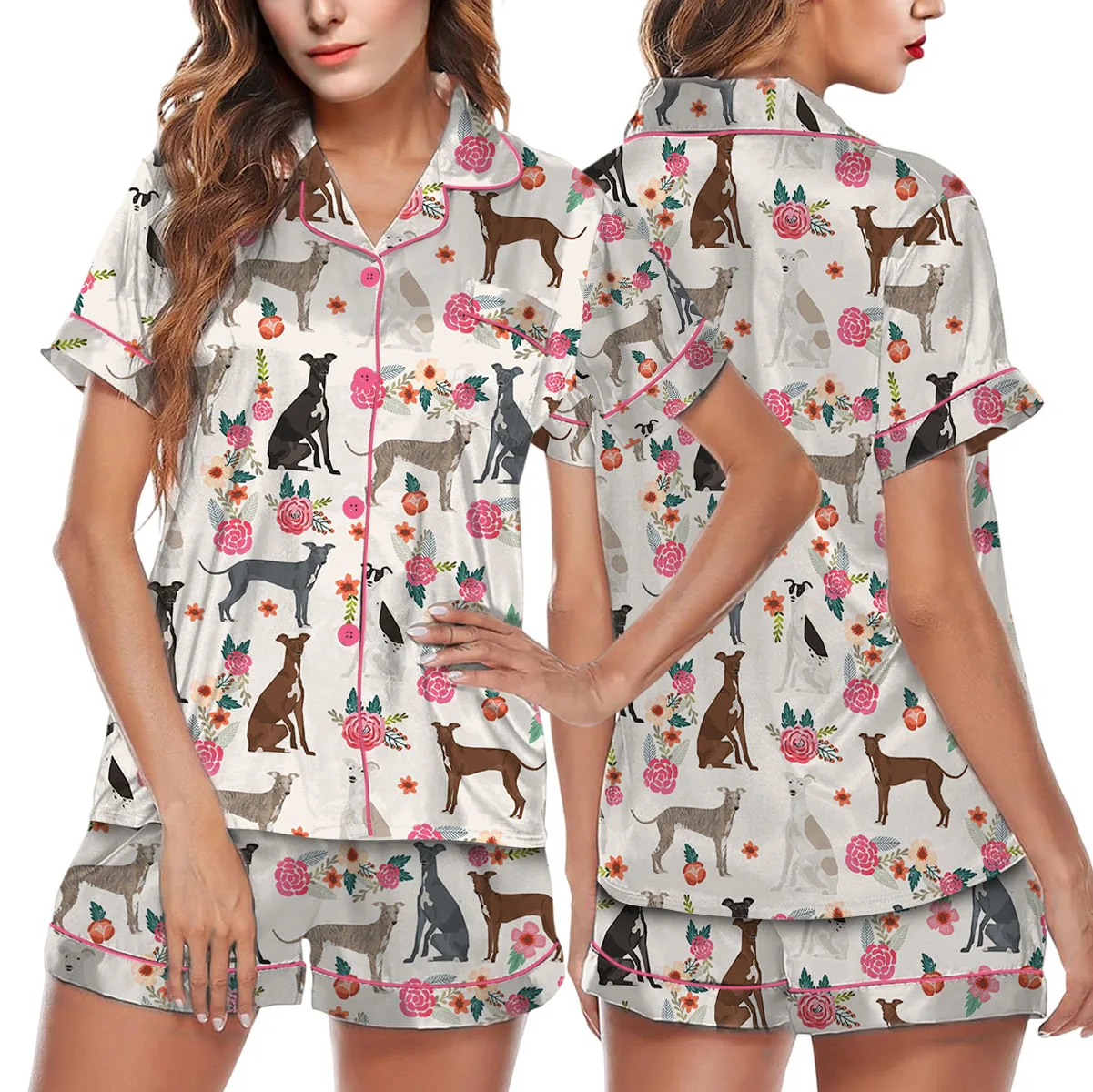 Dog Floral Satin Pajamas Set For Women