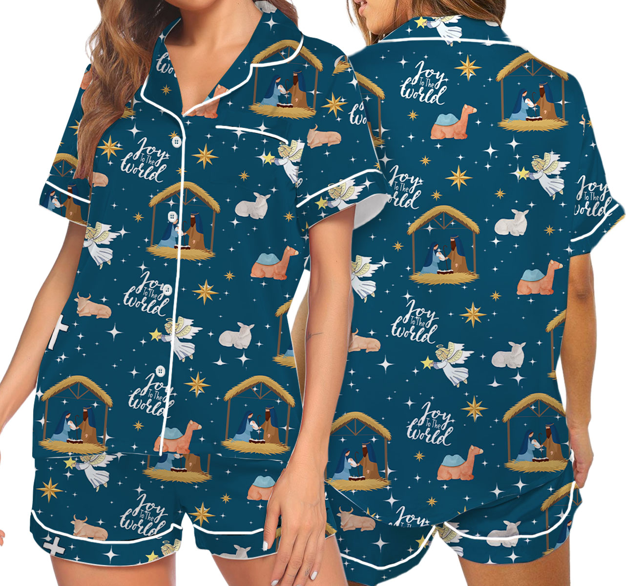 Women’s Nativity Christian Christmas Long Sleeve Satin Pajama Set