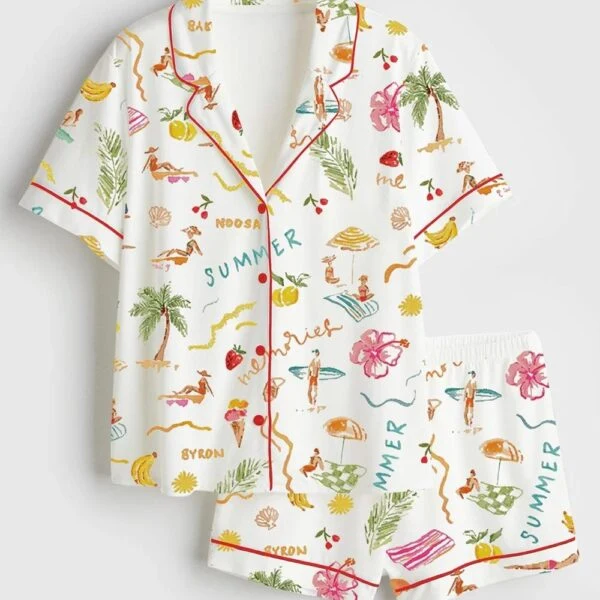 Summer Memories Fruity Cocktails Tropical Trees Sandy Beaches Satin Pajama Set