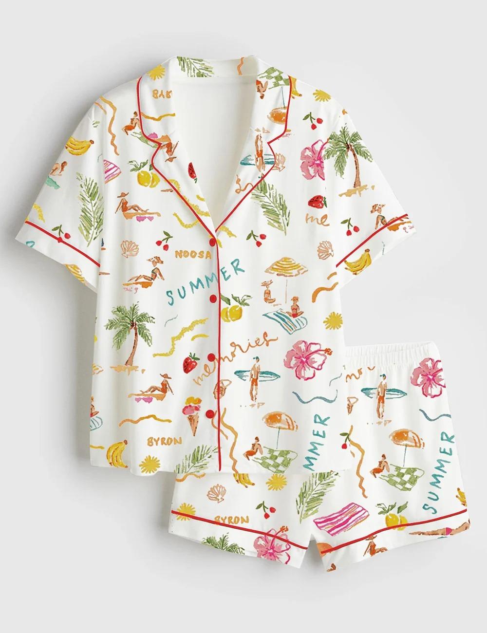 Summer Memories Fruity Cocktails Tropical Trees Sandy Beaches Satin Pajama Set (1)