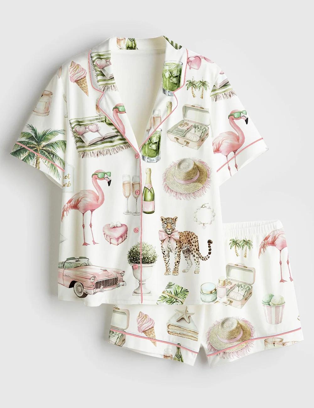 Watercolor Palm Summer Miami Beach Vacation Satin Pajama Set (1)