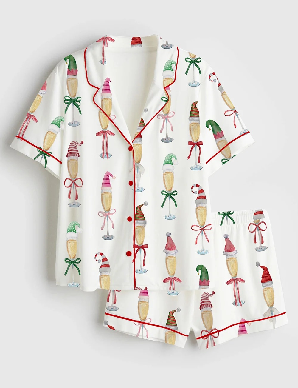 Women’s Christmas Champagne Santa Bow Drink Satin Pajama Set (1)