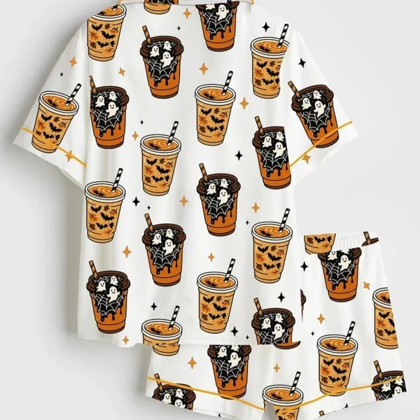 Women’s Freshly Boo’d Coffee Halloween Ghost Coffee Scream And Sugar Satin Pajama Set (1)