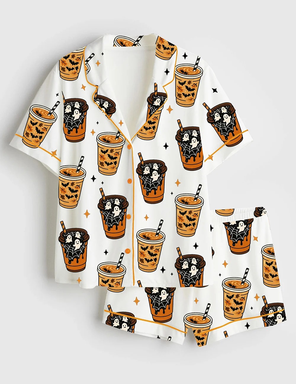 Women’s Freshly Boo’d Coffee Halloween Ghost Coffee Scream And Sugar Satin Pajama Set (1)