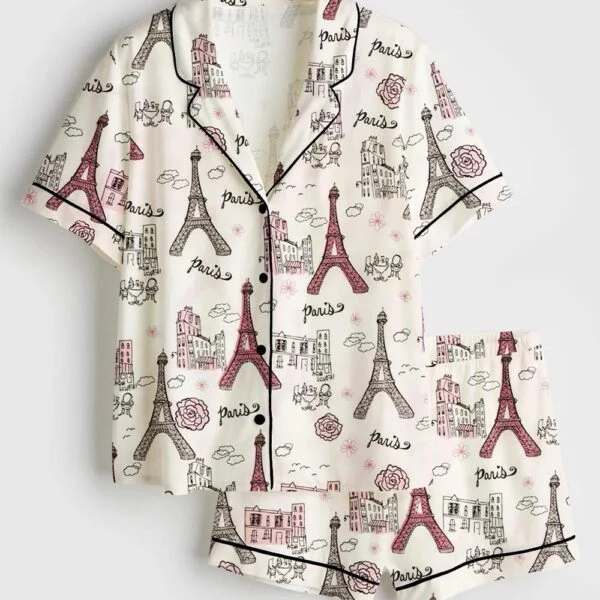 Women’s Girls Trip Paris Vacation Travel Satin Pajama Set (1)