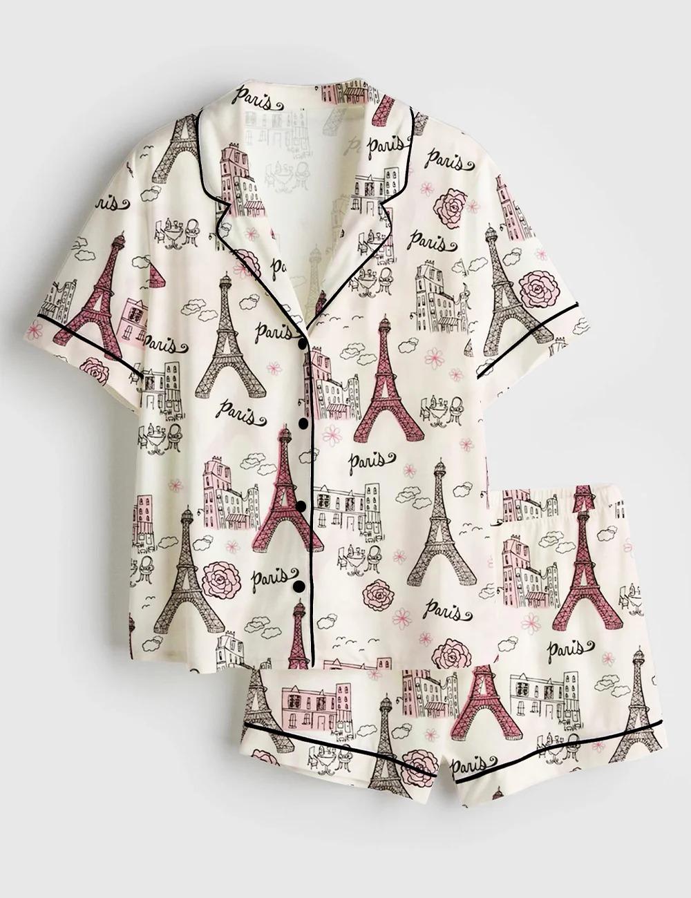 Women’s Girls Trip Paris Vacation Travel Satin Pajama Set (1)