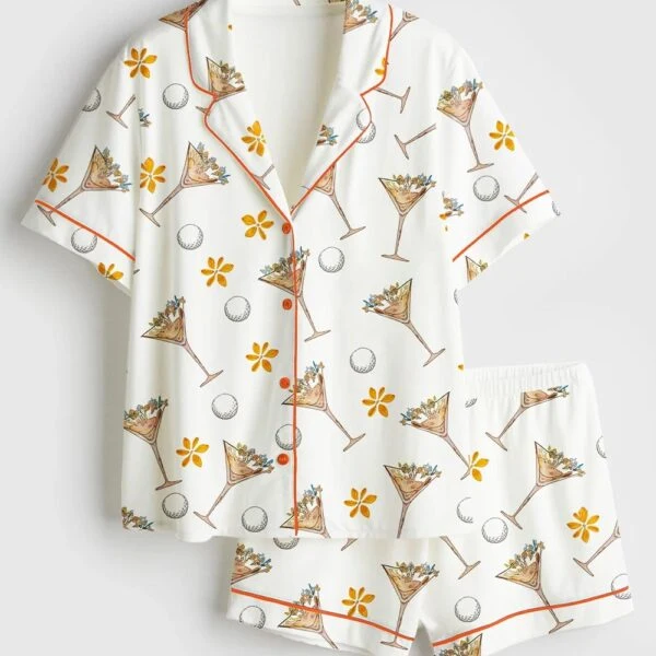 Women’s Golf Girl Golf Lover Martini Golf Print Satin Pajama Set (1)
