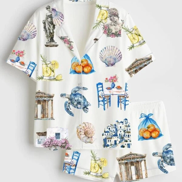 Women’s Greece Watercolor Greek Summer Travel Satin Pajama Set (1)