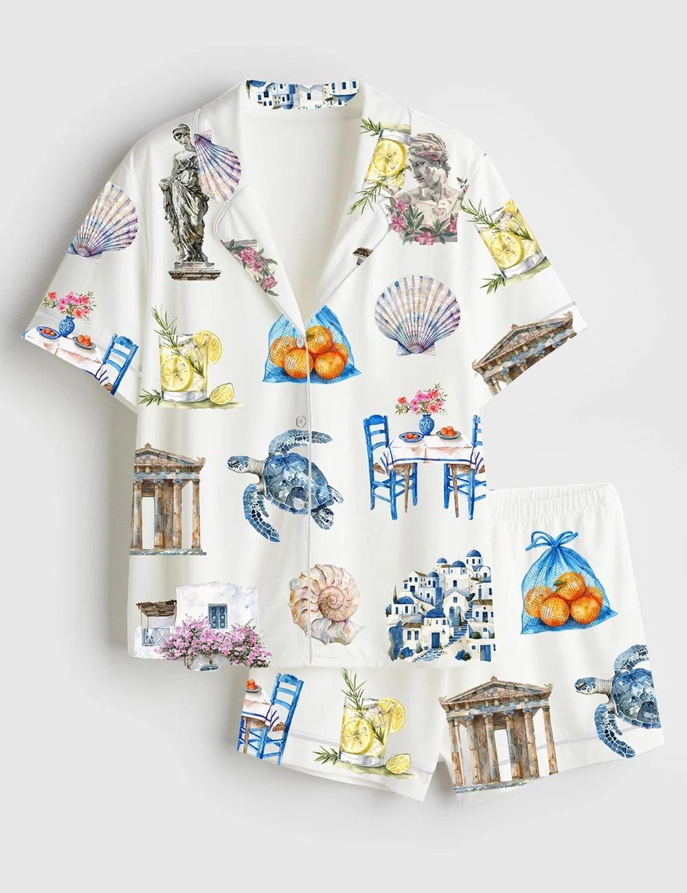 Women’s Greece Watercolor Greek Summer Travel Satin Pajama Set (1)