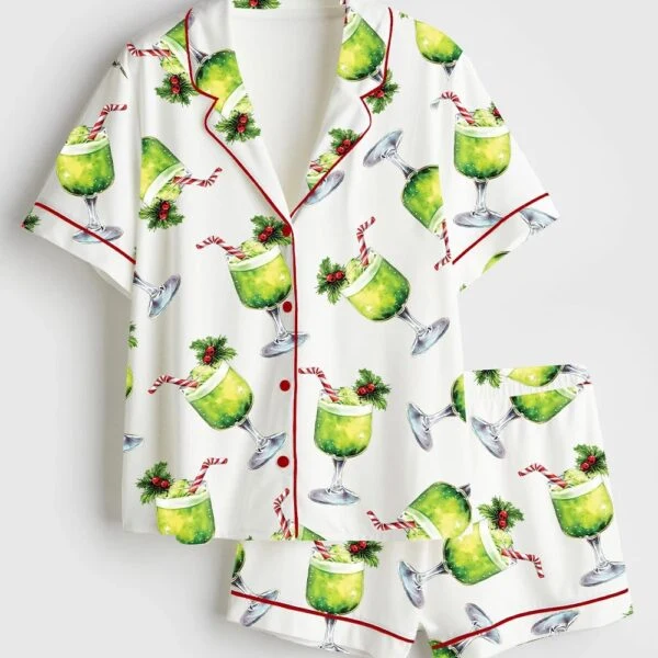Women’s Grinch Punch Watercolor Christmas Cocktails Holiday Drinks Satin Pajama Set (1)
