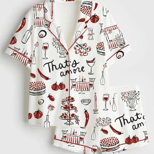 Women’s Hand Drawn Whimsical Illustrations Of Italian Food Italian Wedding Print Satin Pajama Set (1)