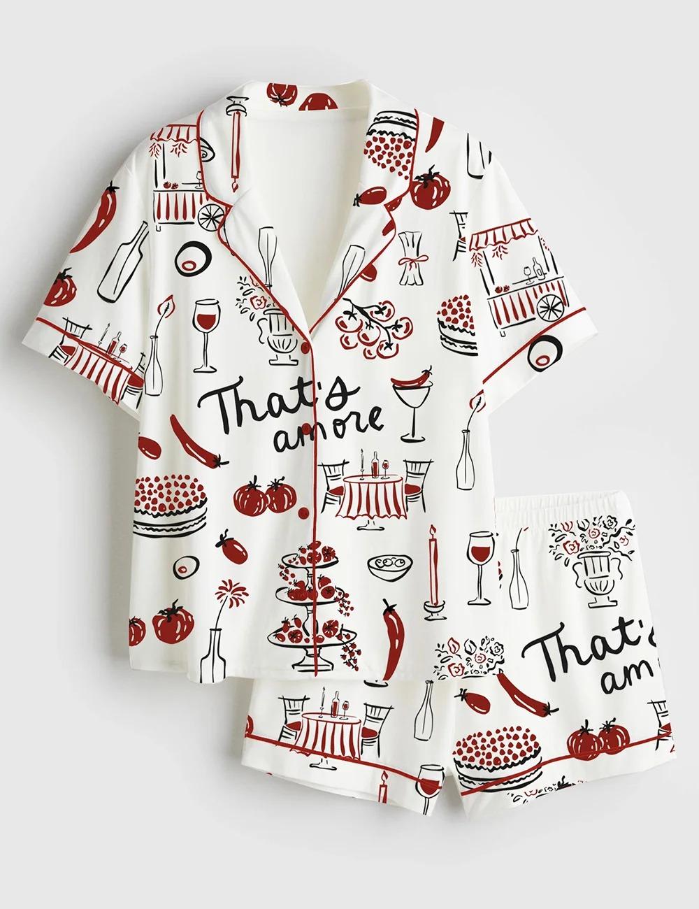 Women’s Hand Drawn Whimsical Illustrations Of Italian Food Italian Wedding Print Satin Pajama Set (1)