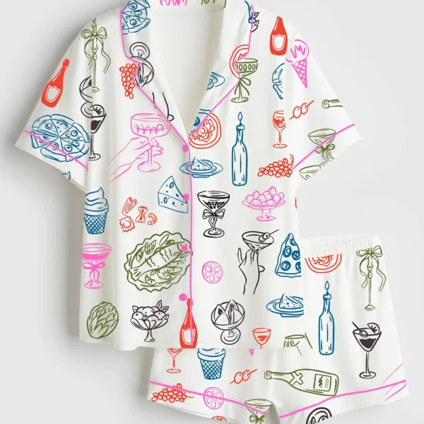Women’s Italy Illustration With Food & Drink Satin Pajama Set (1)