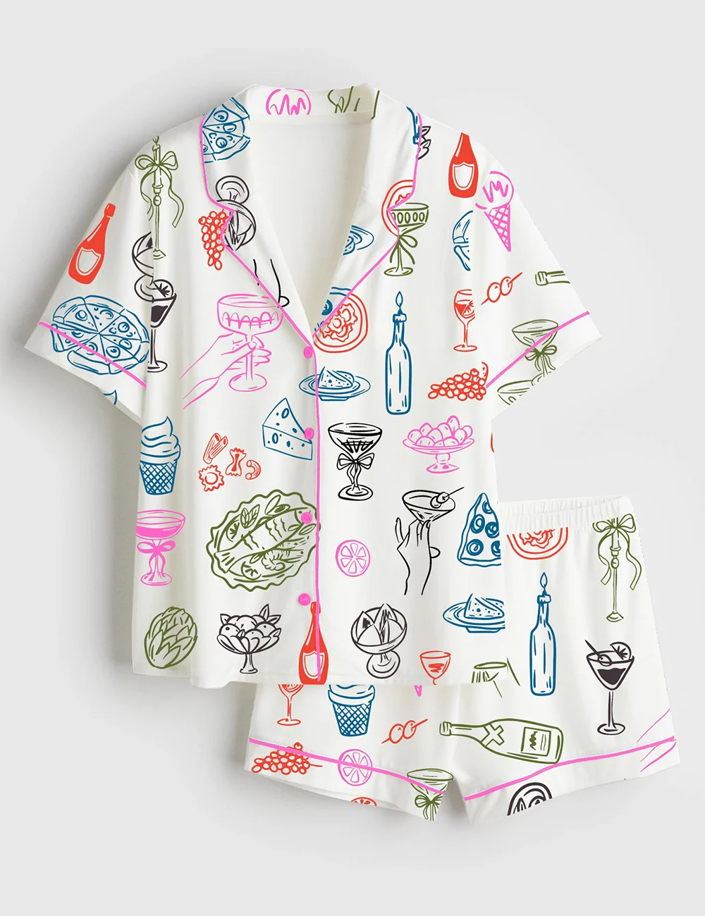 Women’s Italy Illustration With Food & Drink Satin Pajama Set (1)