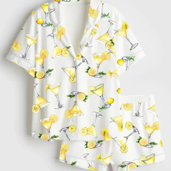 Women’s Lemon Drop Martini Watercolor Cocktail Beverage Alcohol Wedding Clipart Margarita Satin Pajama Set (1)