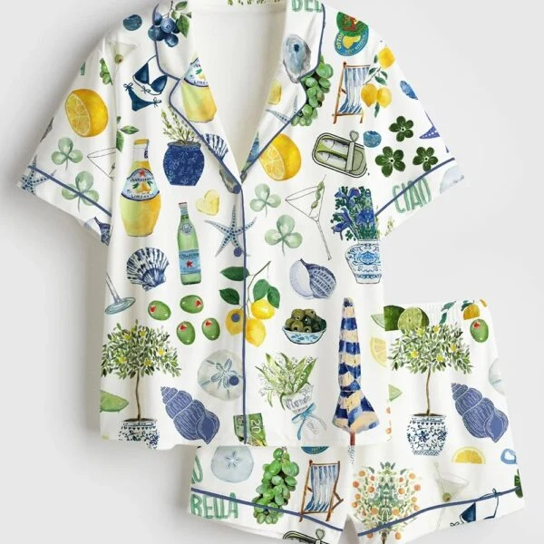 Women’s Lemon Martini Champagne Sardines Lobster Bikini Beach Girl Satin Pajama Set (1)