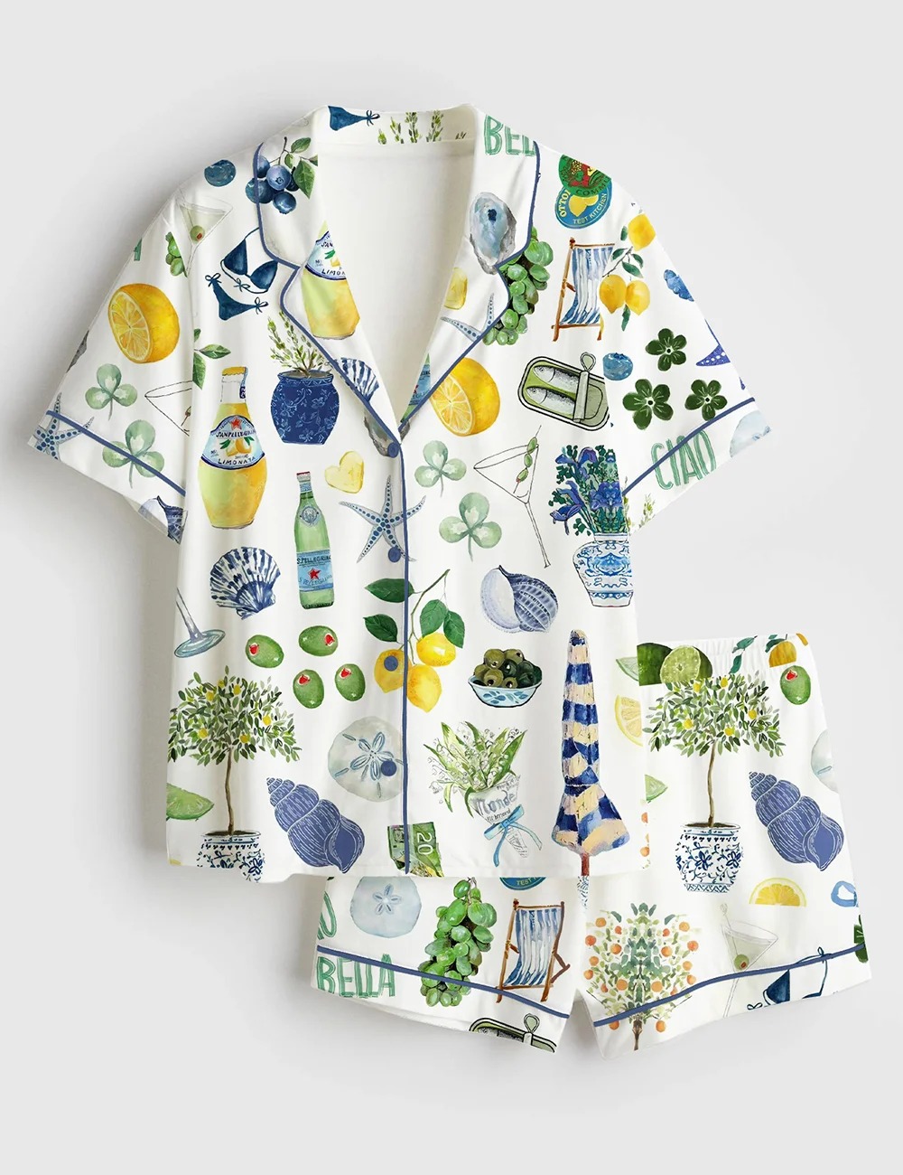 Women’s Lemon Martini Champagne Sardines Lobster Bikini Beach Girl Satin Pajama Set (1)