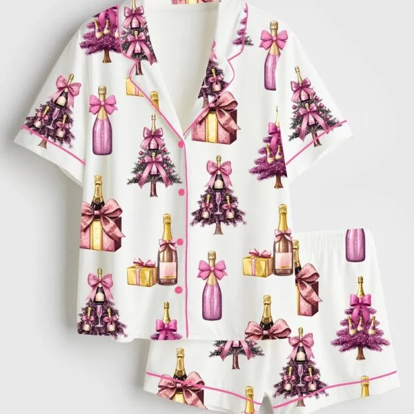 Women’s Pink Champagne Christmas Wine Bottle & Glass Satin Pajama Set (1)