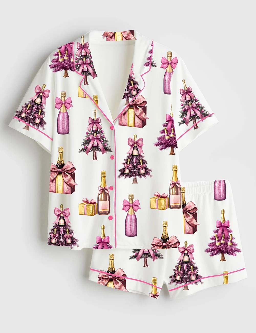 Women’s Pink Champagne Christmas Wine Bottle & Glass Satin Pajama Set (1)