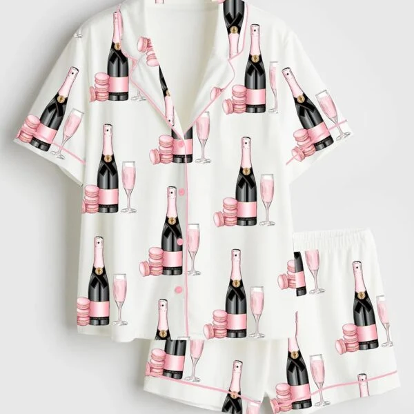 Women’s Pink Champagne Glass Dessert Satin Pajama Set (1)