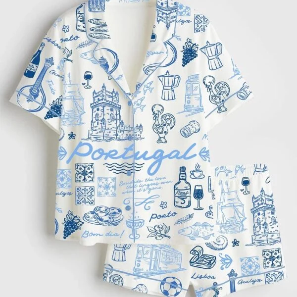 Women’s Portugal Whimsical Style Illustration Satin Pajama Set (1)