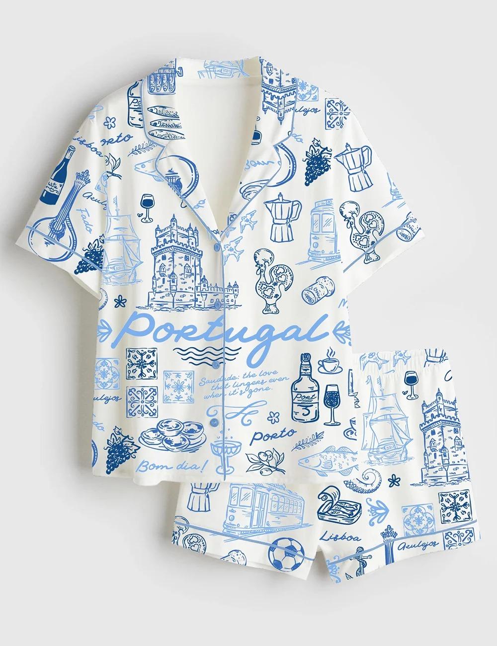 Women’s Portugal Whimsical Style Illustration Satin Pajama Set (1)