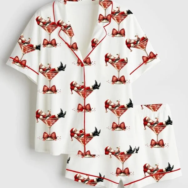 Women’s Santa's Hot Mess Christmas Martini Santa Claus Holiday Party Satin Pajama Set (1)