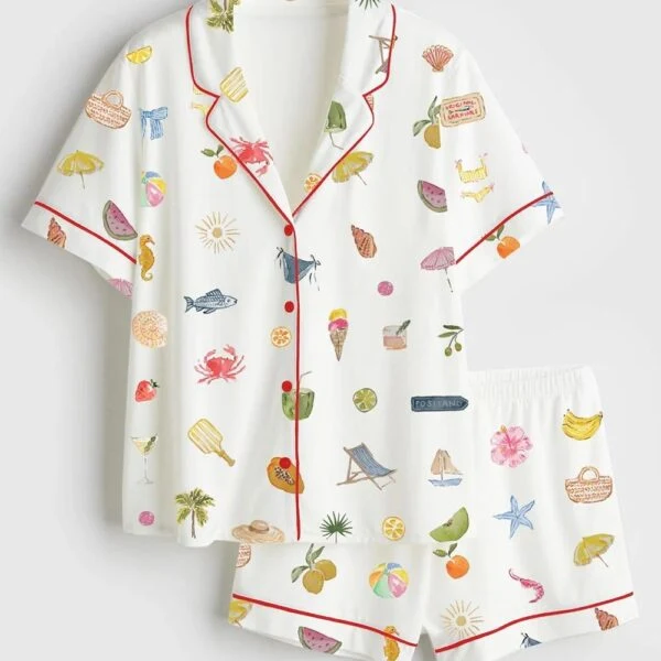 Women’s Seaside Treasures Summer Beach Satin Pajama Set (1)