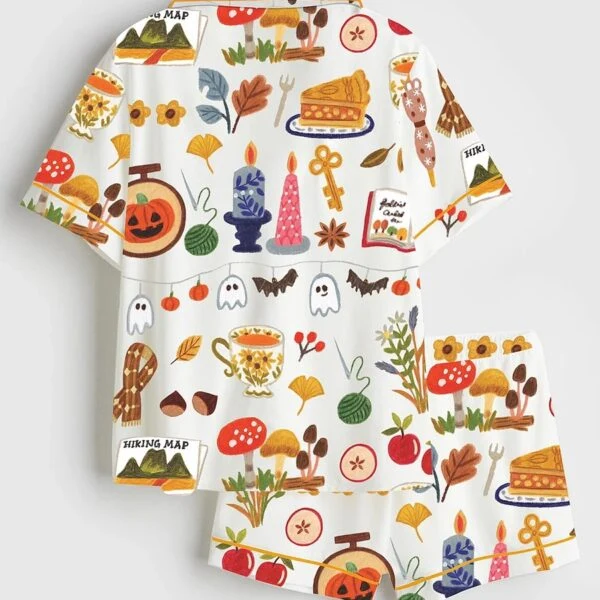 Women’s Spooky Halloween Autumn Candle Coffee Cake Mushroom Wool Scarf Pumpkin Bat Satin Pajama Set (1)