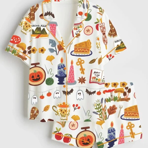 Women&rsquo;s Spooky Halloween Autumn Candle Coffee Cake Mushroom Wool Scarf Pumpkin Bat Satin Pajama Set