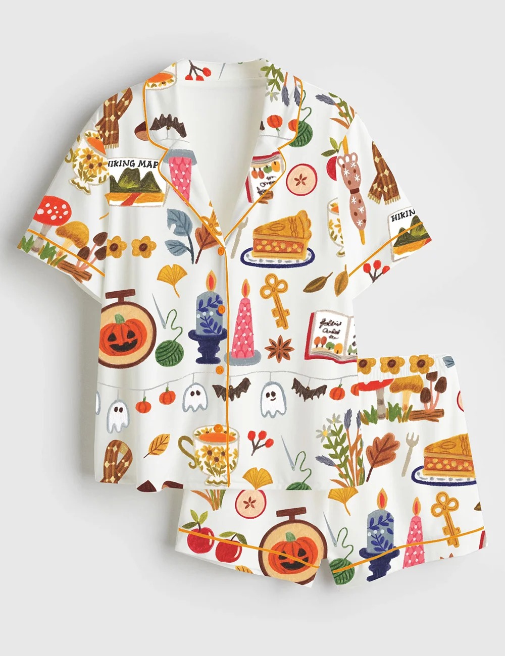 Women’s Spooky Halloween Autumn Candle Coffee Cake Mushroom Wool Scarf Pumpkin Bat Satin Pajama Set (1)