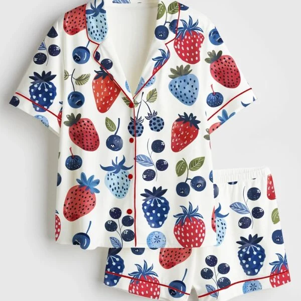 Women’s Strawberry Cottagecore Summer Blueberry The 4th Of July Satin Pajama Set (1)