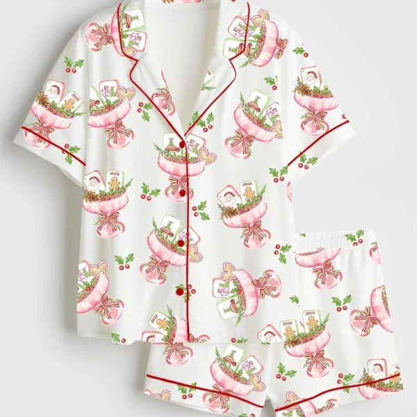 Women’s Watercolor Christmas Mahjong Cocktail Satin Pajamas Set (1)