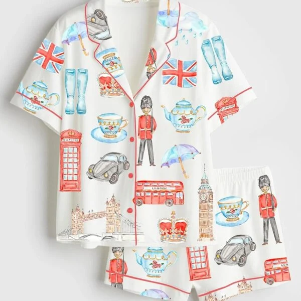 Women’s Watercolor London City Sightseen Bridge Satin Pajama Set (1)