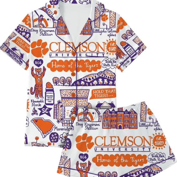 Clemson Tigers Hand Sketched Satin Pajamas Set For Women