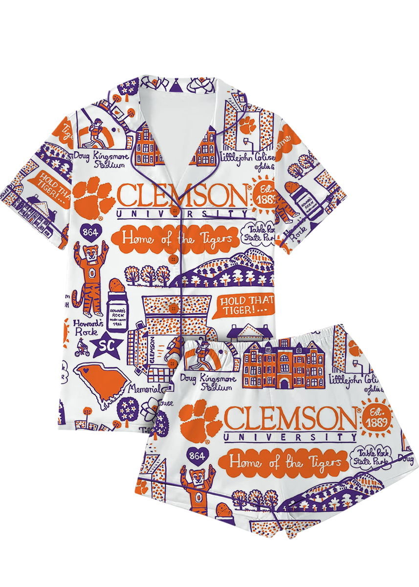 Clemson Tigers Hand Sketched Satin Pajamas Set For Women