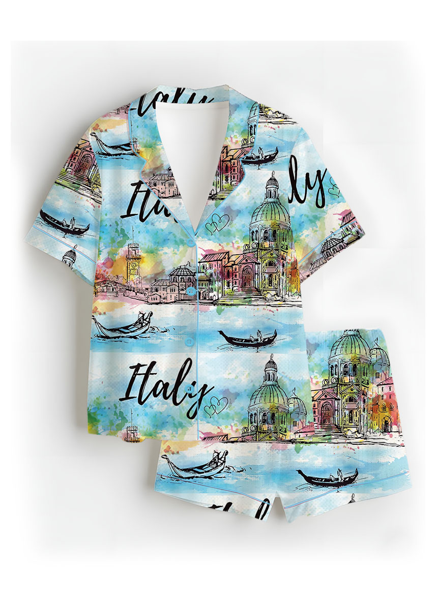 Women's Italy Souvenirs Travel Essentials Pajamas Set For Women, Pastel Blue Color, US Size S-5XL