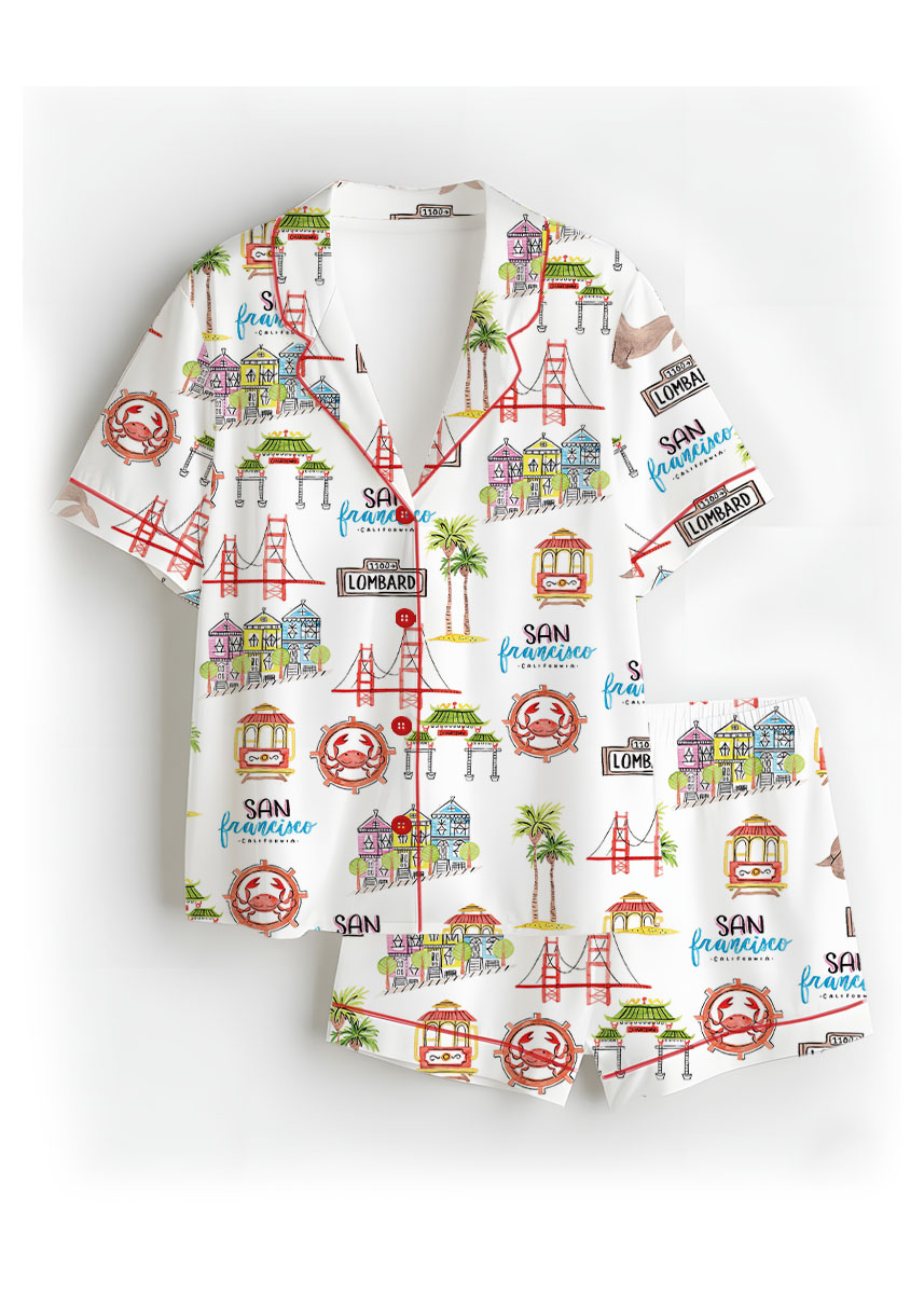 Women’s San Francisco Satin Pajamas Set, White Color, US Size S-5XL